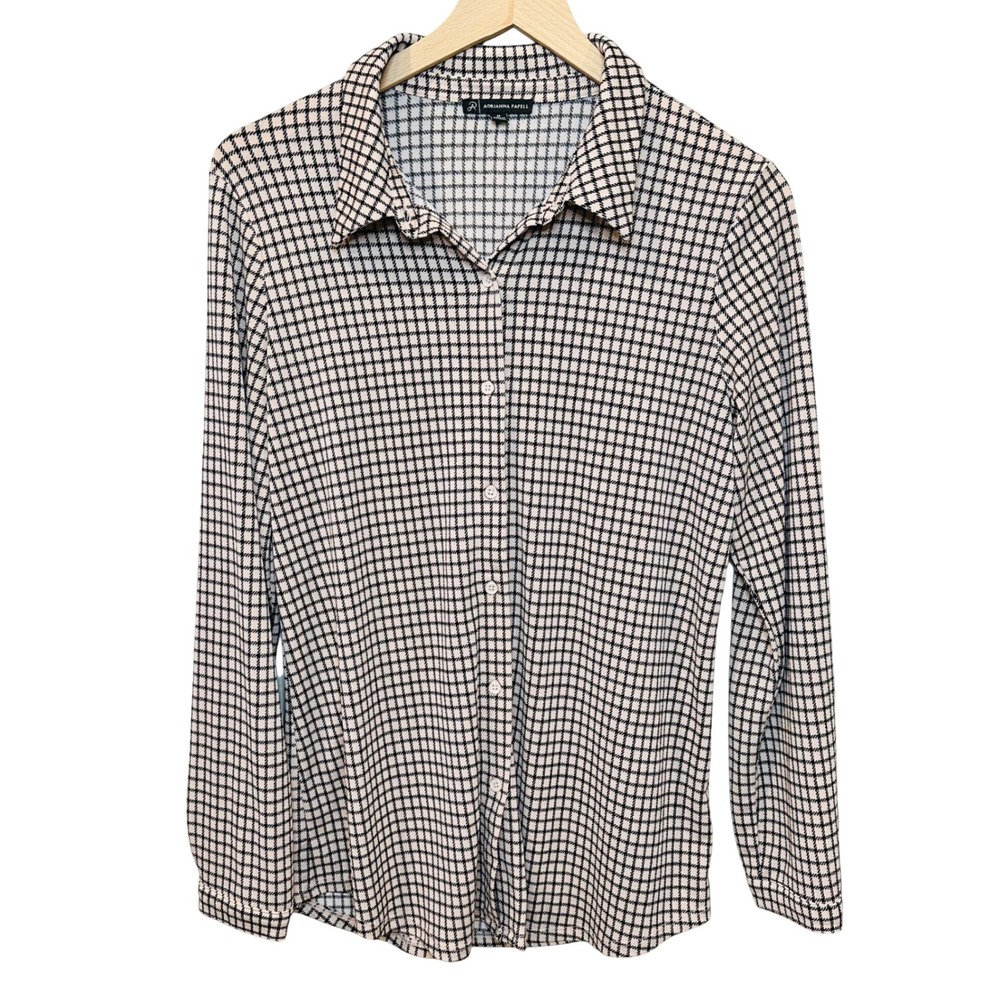 Adrianna Papell Blouse‎ Womens Medium Tan Black Grid Check Button Down Career